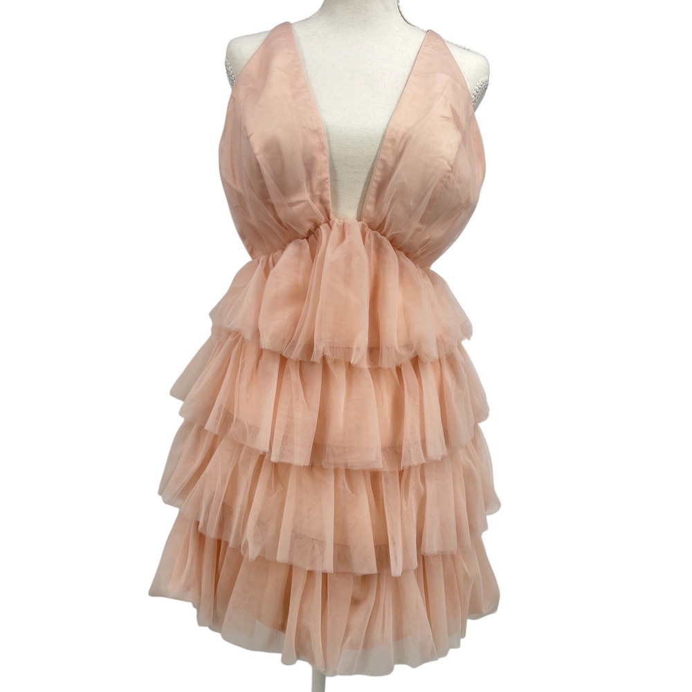 Selfie Leslie Mini Dress L Blush Tulle Tiered Ruffle Plunge Coquette Wedding